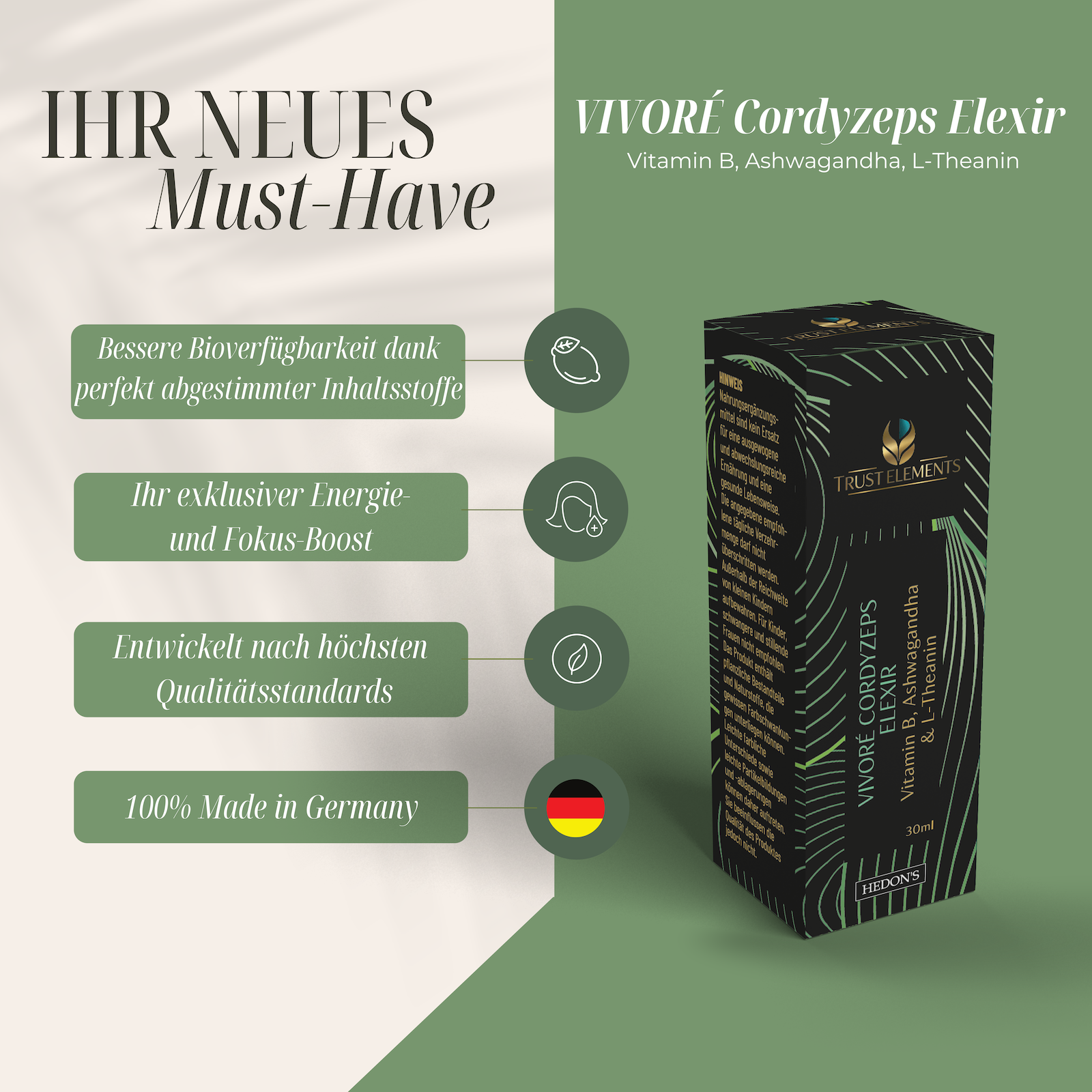 VIVORÉ Cordyzeps Elexir Vitamin B, Ashwagandha, L-Theanin